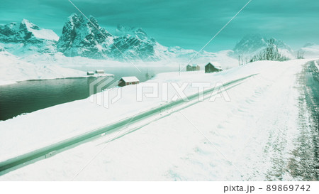 traditional Norwegian wooden houses under the fresh snow 89869742