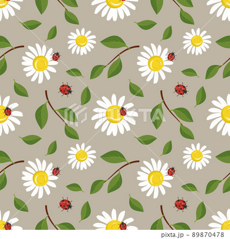 Bright seamless pattern with daisies, ladybug and leaves on brown background. Cute spring or summer print with flowers and insects. Vector flat illustration for textile, wrapping paper and design. Bright seamless pattern with daisies, ladybug and leaves on brown background. Cute spring or summer print with flowers and insects. Vector flat illustration for textile, wrapping paper and design. 89870478