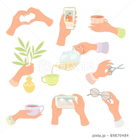Hands holding stuff set. Human hands with scissors, glasses, drinks, smartphone vector illustration 89870484