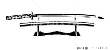 Vintage monochrome illustration of a Japanese sword with a scabbard on a stand. Isolated vector template Vintage monochrome illustration of a Japanese sword with a scabbard on a stand. Isolated vector template 89871403