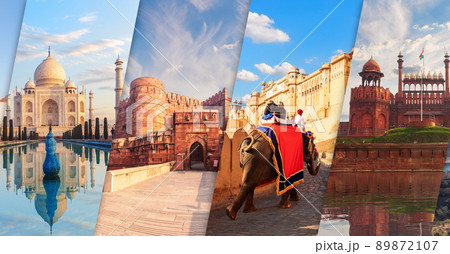 Taj Mahal, Agra Fort, AmberFort and Red Fort of Dehli - main views of India Taj Mahal, Agra Fort, AmberFort and Red Fort of Dehli - main views of India 89872107