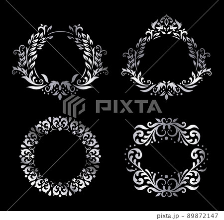 Silver vintage premium framing. Luxury round borders with swirls and natural leaves 89872147