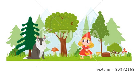 Little Red Riding Hood. Girl walking with basket in forest. Wolf animal sitting among trees. Fairytale with happy child 89872168