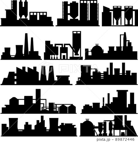 イラスト素材 工場 シルエット 影 産業 電力 工業地帯 コンビナート フラットアイコン セットのイラスト素材