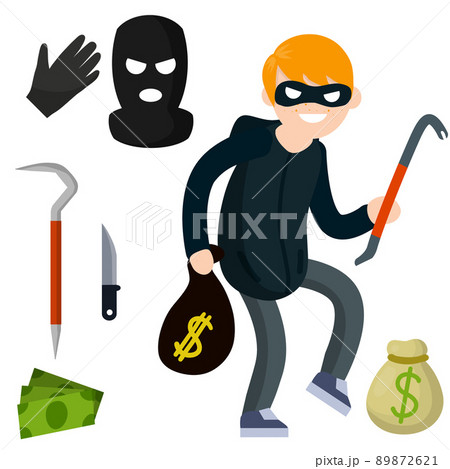 Thief with crowbar. Man offender sneaks. Cartoon flat illustration. Criminal problem. Male robber in black with mask. Set of object - bag, money, knife 89872621