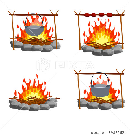 Fire with branches and stones. Cartoon flat illustration. Cooking in the campaign. Campfire with pot. Boiling water and food preparation in camp 89872624