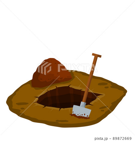 Digging a hole. Shovel and dry brown earth. 89872669