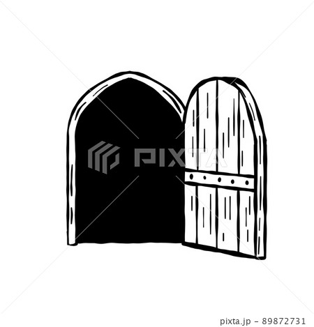 Old wooden door of castle. Ancient entrance to fortress or house. Cartoon scenery. Gate to dungeon. Door with arch and doorway. Hand drawn outline illustration 89872731