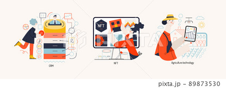 Technology Memphis -modern flat vector concept digital illustration on CRM - Customer relationship management, NFT - Non-fungible token, Agriculture Technology. Creative landing web page illustration 89873530