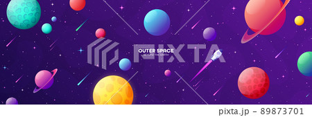 Space futuristic modern colorful background with rocket. Starship, spaceship in night sky. Solar system, galaxy and universe exploration. Vector illustration. 89873701