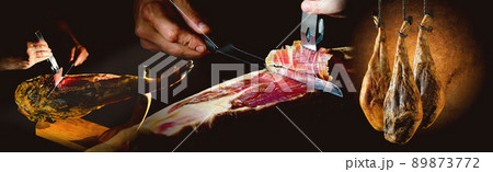 Dry Spanish ham, Jamon Serrano, Bellota, Italian Prosciutto Crudo or Parma ham. 89873772
