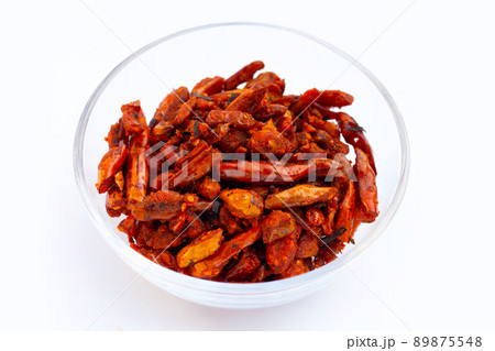 Fried Chili, Spicy snack on white background. Fried Chili, Spicy snack on white background. 89875548