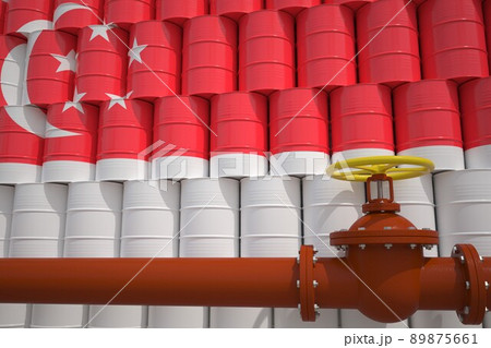 Barrels with painted flag of Singapore and oil transportation pipe. 3d rendering 89875661