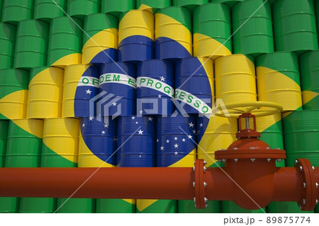 Oil pipe and barrels with painted flag of Brazil. Petroleum industry related 3d rendering 89875774