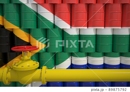 Many barrels with petrochemicals with flag of South Africa and gas pipe. 3d rendering Many barrels with petrochemicals with flag of South Africa and gas pipe. 3d rendering 89875792