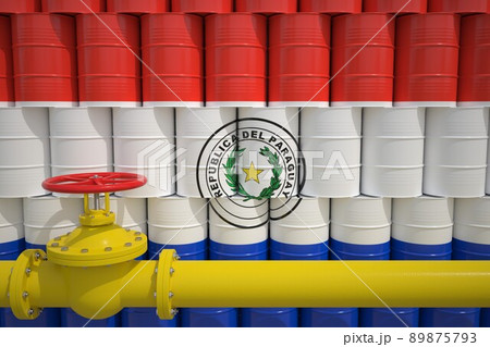 Many barrels with petrochemicals with flag of Paraguay and gas pipe. 3d rendering Many barrels with petrochemicals with flag of Paraguay and gas pipe. 3d rendering 89875793