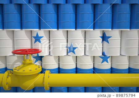 Gas pipe and barrels with petrochemicals with flag of Honduras. Petroleum industry related 3d rendering Gas pipe and barrels with petrochemicals with flag of Honduras. Petroleum industry related 3d rendering 89875794