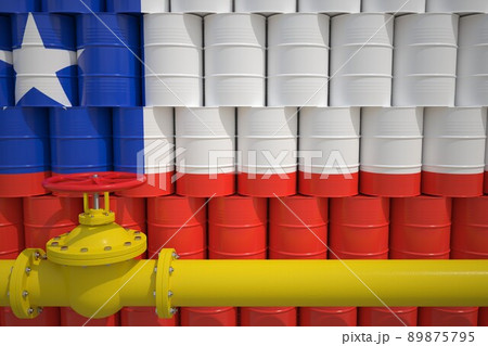 Barrels with flag of Chile and gas transportation pipe. 3d rendering 89875795