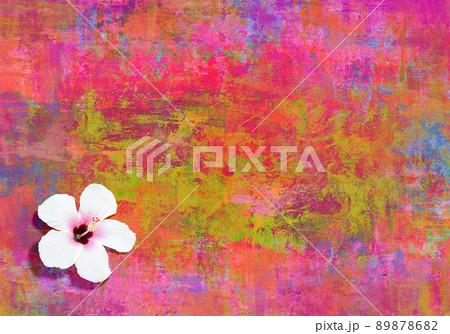 赤系グランジアートな背景に、白いハイビスカスの花 89878682
