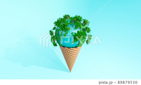 Globe full of grass on ice cream cone. on Blue background. Global warming and minimal idea concept 89879530