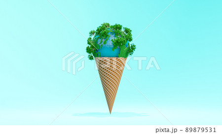 Globe full of grass on ice cream cone. on Blue background. Global warming and minimal idea concept. 89879531