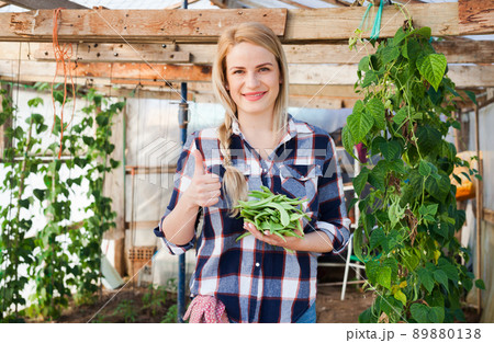 Young woman gardener standing with harvest of soybeans 89880138