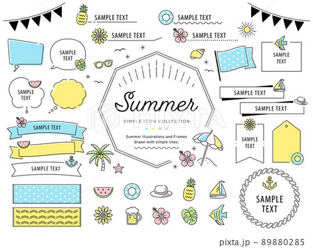 夏のビーチとシンプルな線画イラストフレームセット ひまわり ビーチ 花 フルーツ のイラスト素材 0285