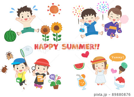 夏休みを楽しむ子供たちの手描き風イラストセット 夏休みを楽しむ子供たちの手描き風イラストセット 89880876