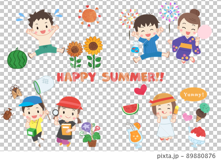 夏休みを楽しむ子供たちの手描き風イラストセット 夏休みを楽しむ子供たちの手描き風イラストセット 89880876