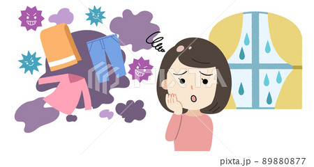 雨で部屋干しの臭いに悩む女性のイラスト 雨で部屋干しの臭いに悩む女性のイラスト 89880877