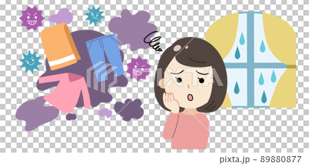 雨で部屋干しの臭いに悩む女性のイラスト 雨で部屋干しの臭いに悩む女性のイラスト 89880877