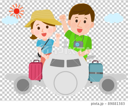 暑假期間在飛機上旅行的男人和女人的插圖 89881383