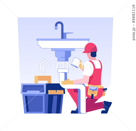 Plumber service isolated concept vector illustration. Plumber in uniform repairing sink and pipes, mold disease, private house maintenance service, sewerage renovation process vector concept. 89882116