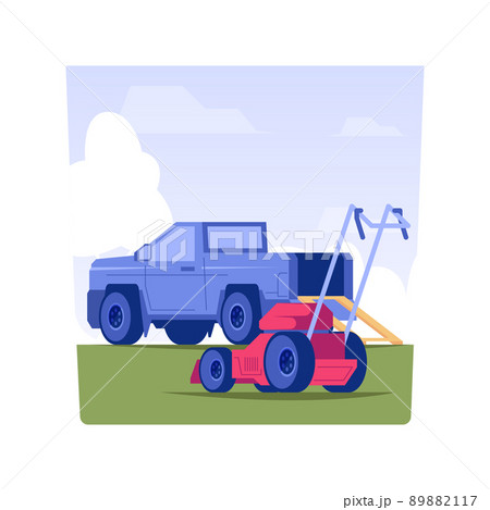 Lawn and landscape service isolated concept vector illustration. Professional gardener loads mower into the truck, private house maintenance service, landscaping industry vector concept. 89882117