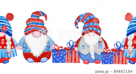 Watercolor seamless hand drawn horizontal border with 4th of July gnomes, Forth of july patriotic American design with nordic gnomes in blue red white hats balloons gifts. US celebration print. Watercolor seamless hand drawn horizontal border with 4th of July gnomes, Forth of july patriotic American design with nordic gnomes in blue red white hats balloons gifts. US celebration print. 89882184