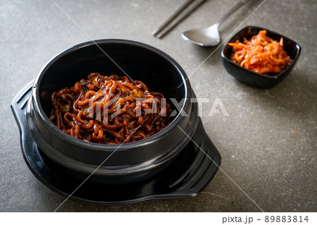 Korean black spaghetti or instant noodle with roasted chajung sauce Korean black spaghetti or instant noodle with roasted chajung sauce 89883814