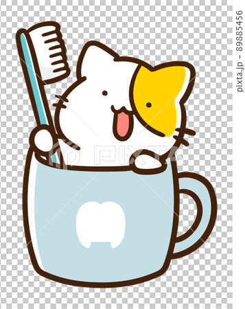歯磨きコップに入るかわいいねこの手書き風イラストのイラスト素材 5456