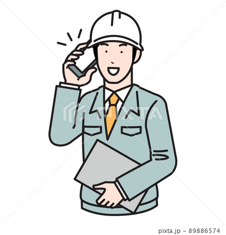 スマホで電話する建設作業員男性のイラスト 89886574