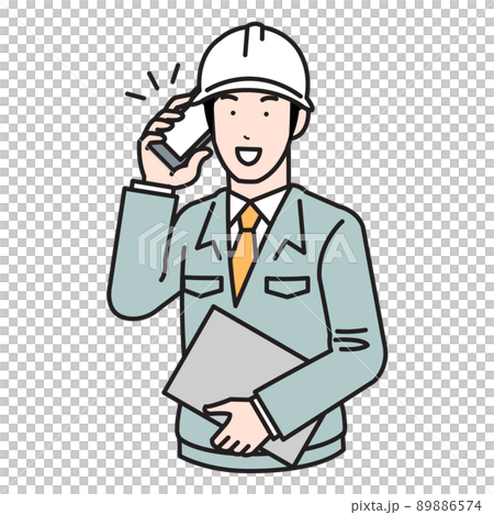 スマホで電話する建設作業員男性のイラスト 89886574