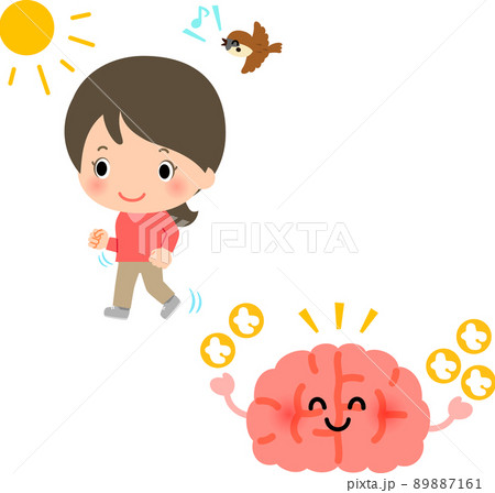 日光を浴びて歩く女性とセロトニンが増えた脳 89887161