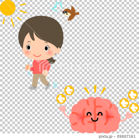 日光を浴びて歩く女性とセロトニンが増えた脳 89887161