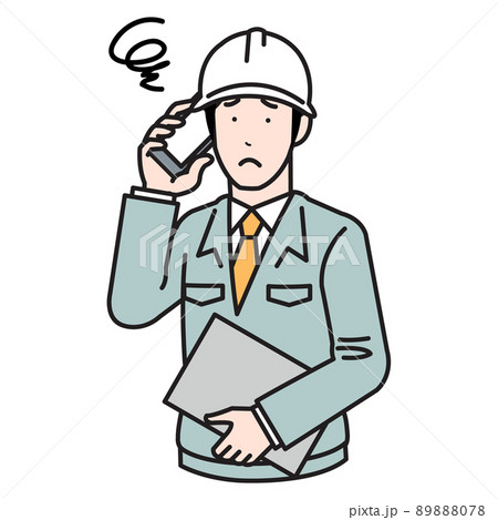 スマホで電話しながら困った顔をしている建設作業員男性のイラスト スマホで電話しながら困った顔をしている建設作業員男性のイラスト 89888078
