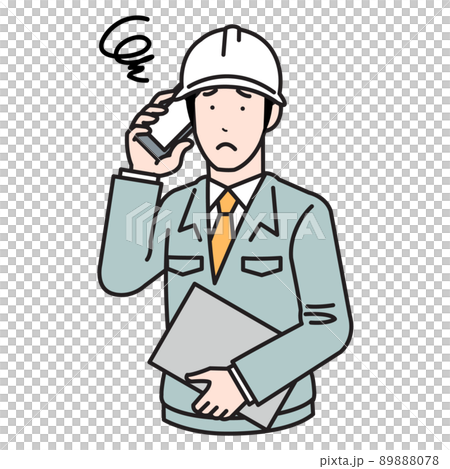 スマホで電話しながら困った顔をしている建設作業員男性のイラスト スマホで電話しながら困った顔をしている建設作業員男性のイラスト 89888078