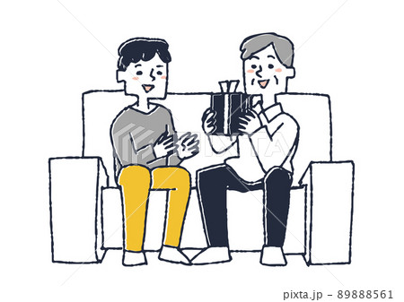 父親にプレゼントを渡す男性 コミカルな手書きの人物 ベクター 温かみのある線画のイラスト素材 8561