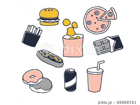 ジャンクフードのイラストセット　コミカルな手書きの人物　ベクター、温かみのある線画 89888581