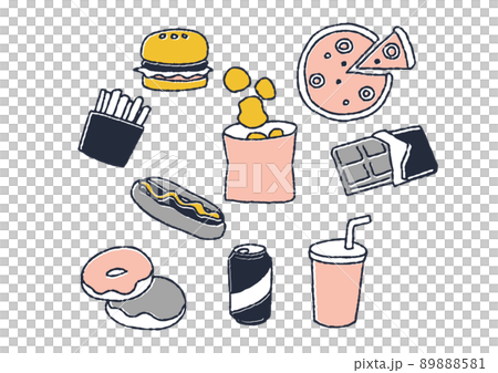 ジャンクフードのイラストセット　コミカルな手書きの人物　ベクター、温かみのある線画 89888581