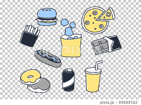 ジャンクフードのイラストセット　コミカルな手書きの人物　ベクター、温かみのある線画 89888582