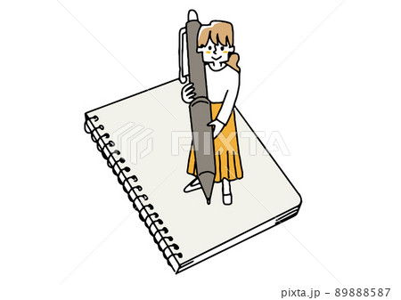 ペンを使って仕事する女性　コミカルな手書きの人物　ベクター、温かみのある線画 89888587