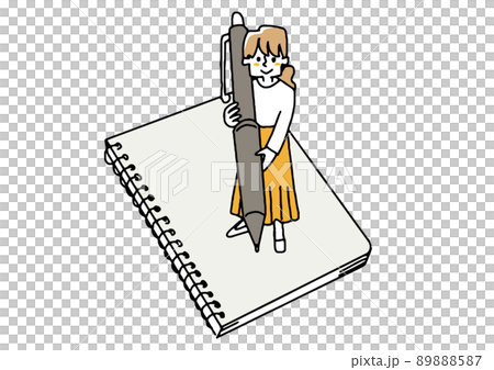 ペンを使って仕事する女性　コミカルな手書きの人物　ベクター、温かみのある線画 89888587