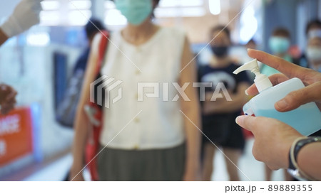 Hand Sanitizer gel. Hand treatment with alcohol. Temperature check at supermarket, grocery store with a thermal imaging camera installed. 89889355